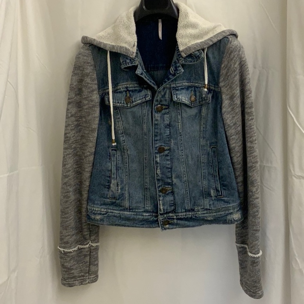 Free People Distressed Jean Jacket with Contrasting Sleeves & (Detachable) Hood